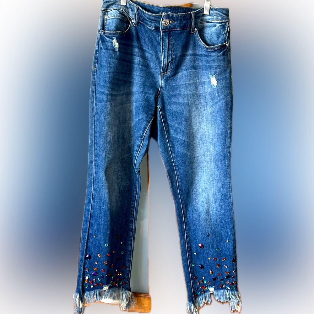 INC International Concepts Blue Straight Leg Jeans with Embellishments